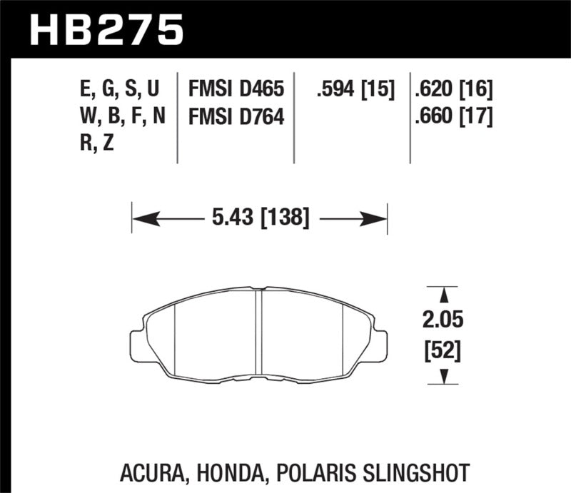 Hawk Honda 98-02 Accord / 06-11 Civic / Polaris Slingshot HT-10 Race Front Brake Pads (Two Pads/Box)