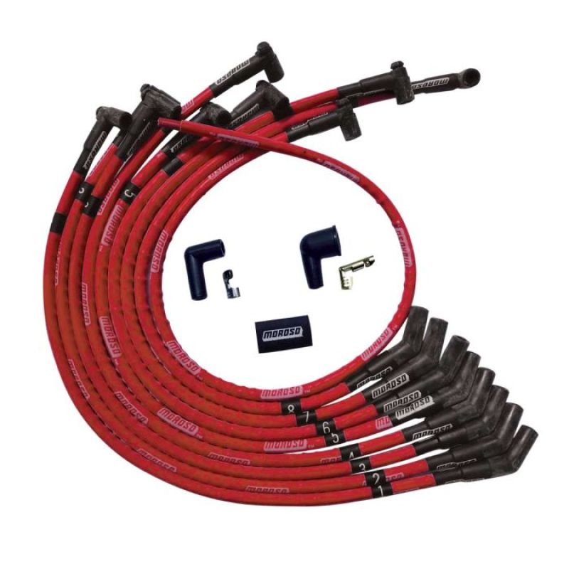 Moroso SB Ford 260/289/302 135 Deg Plug Boots HEI Sleeved Ultra Spark Plug Wire Set - Red