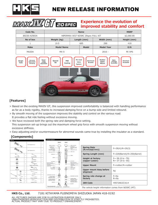 HKS HIPERMAX IV GT SPEC20 ND5RC FULL KIT